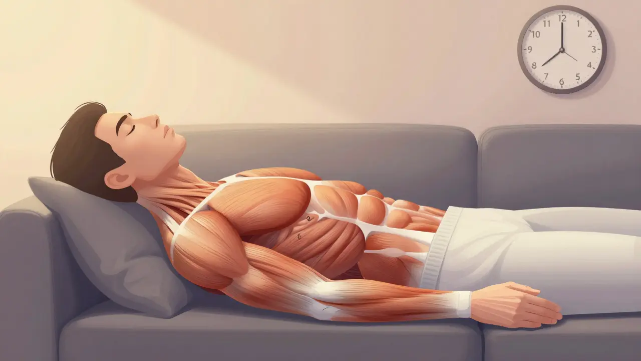 Person auf Sofa, die Muskelentspannung von Kopf bis Fuß durch Lichtwellen dargestellt.