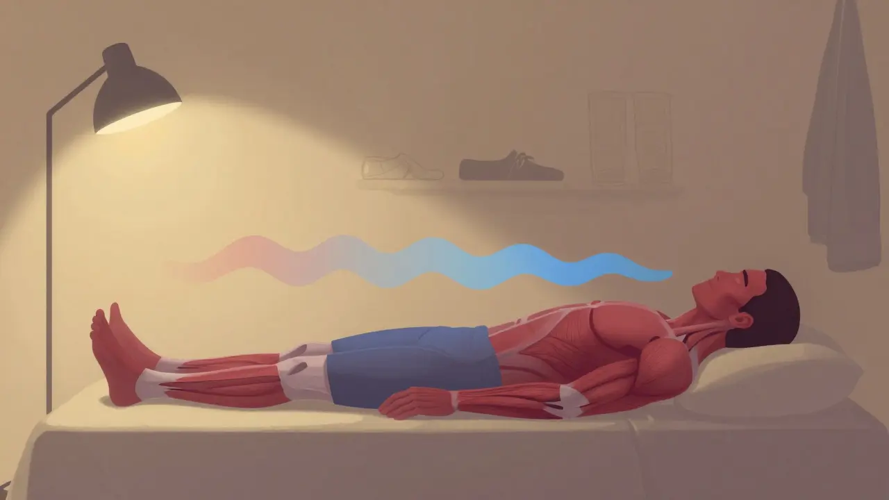 Silhouette zeigt Spannungen, die vom Fuß bis zum Kopf nach und nach abklingen, in warmem Licht liegend.