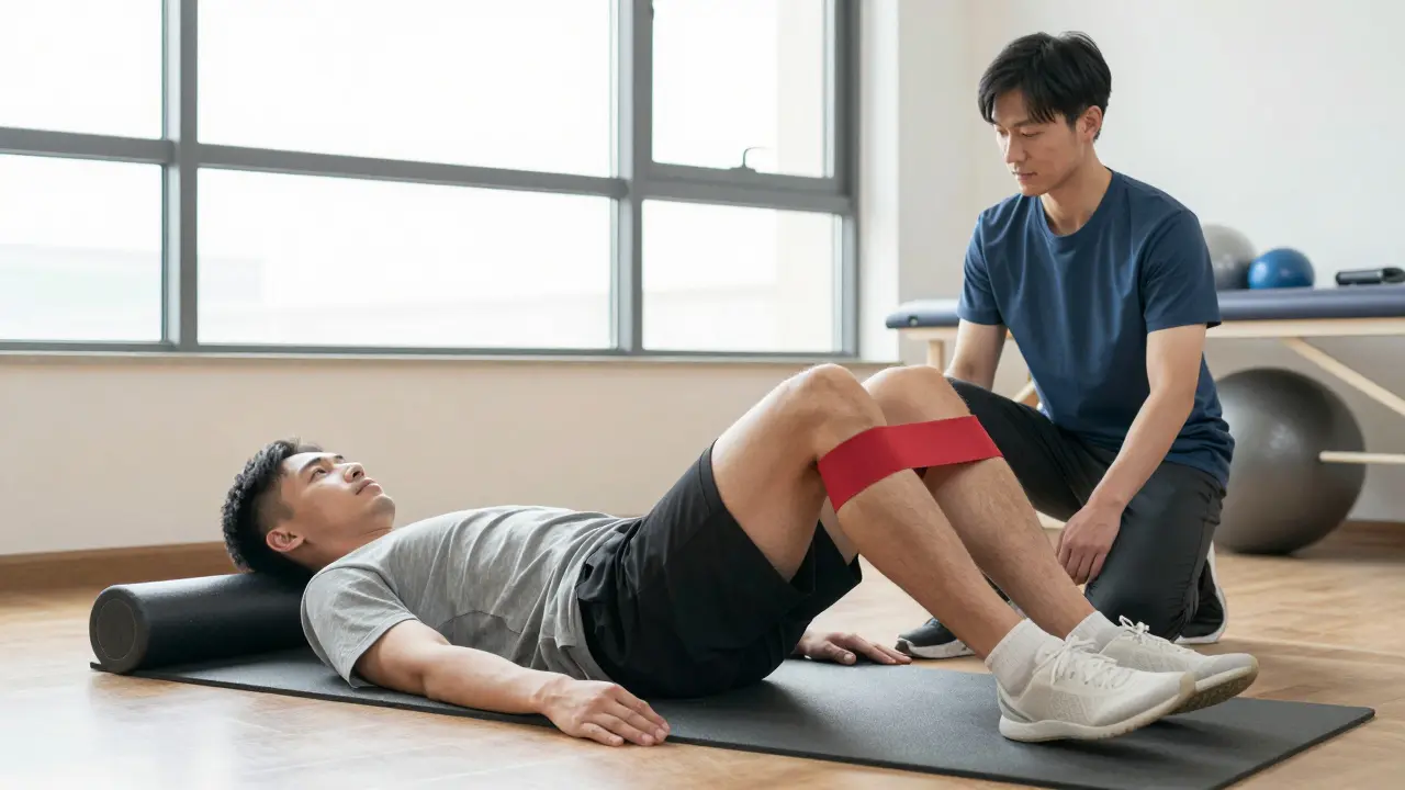 Sportlerin übt mit Widerstandsband eine Hüftstabilitätsübung unter Anleitung eines Physiotherapeuten.