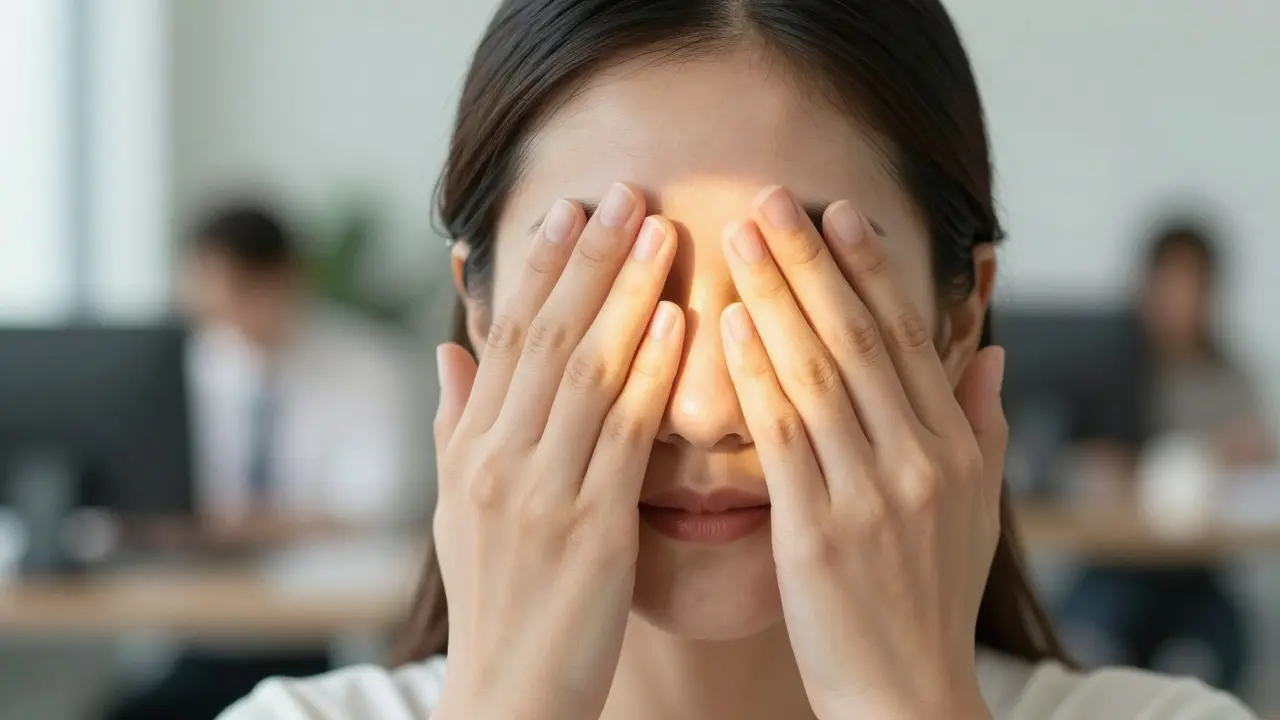 Warme Hände bedecken geschlossene Augen, goldenes Licht strahlt heraus, unscharfer Hintergrund.