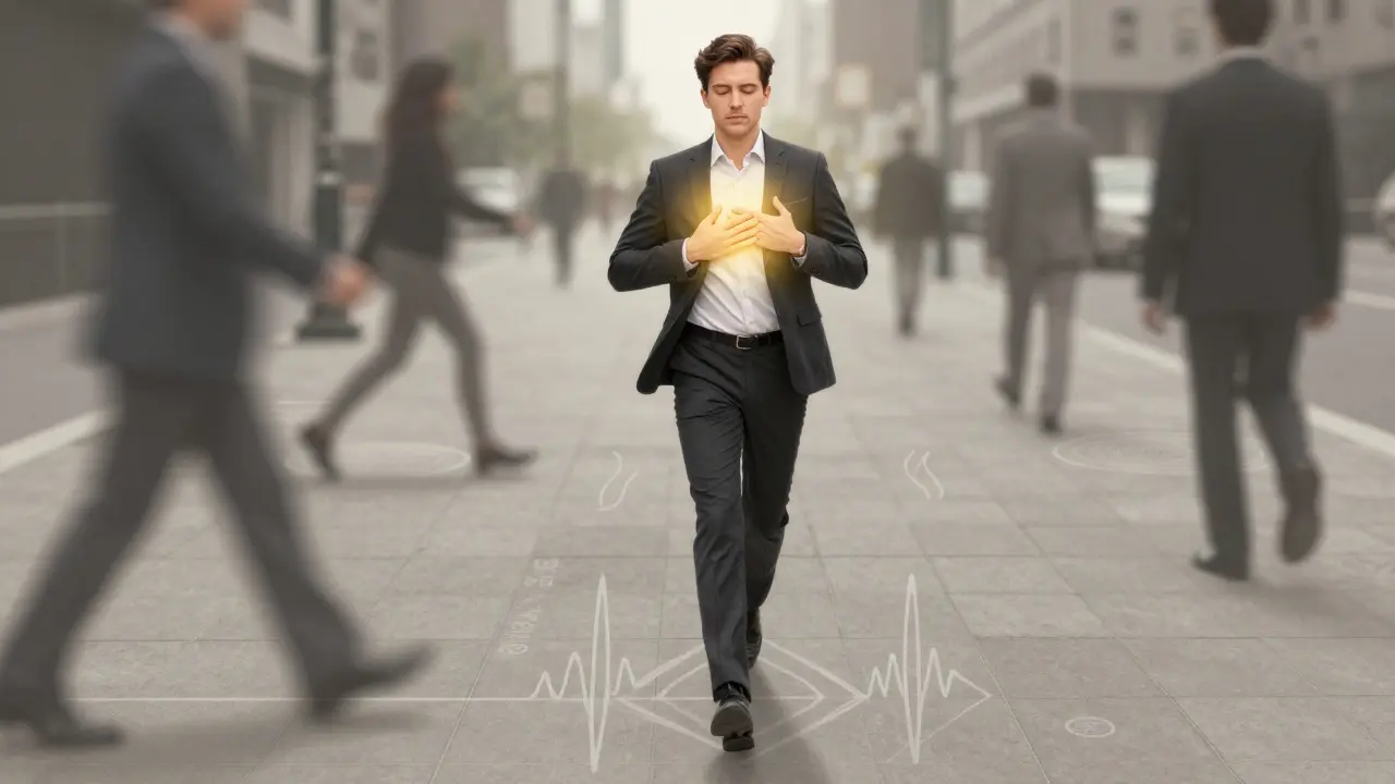 Ein Geschäftsführer auf dem Bürgersteig, die Augen geschlossen, während er bewusst atmet, umgeben von flüchtigen Passanten.