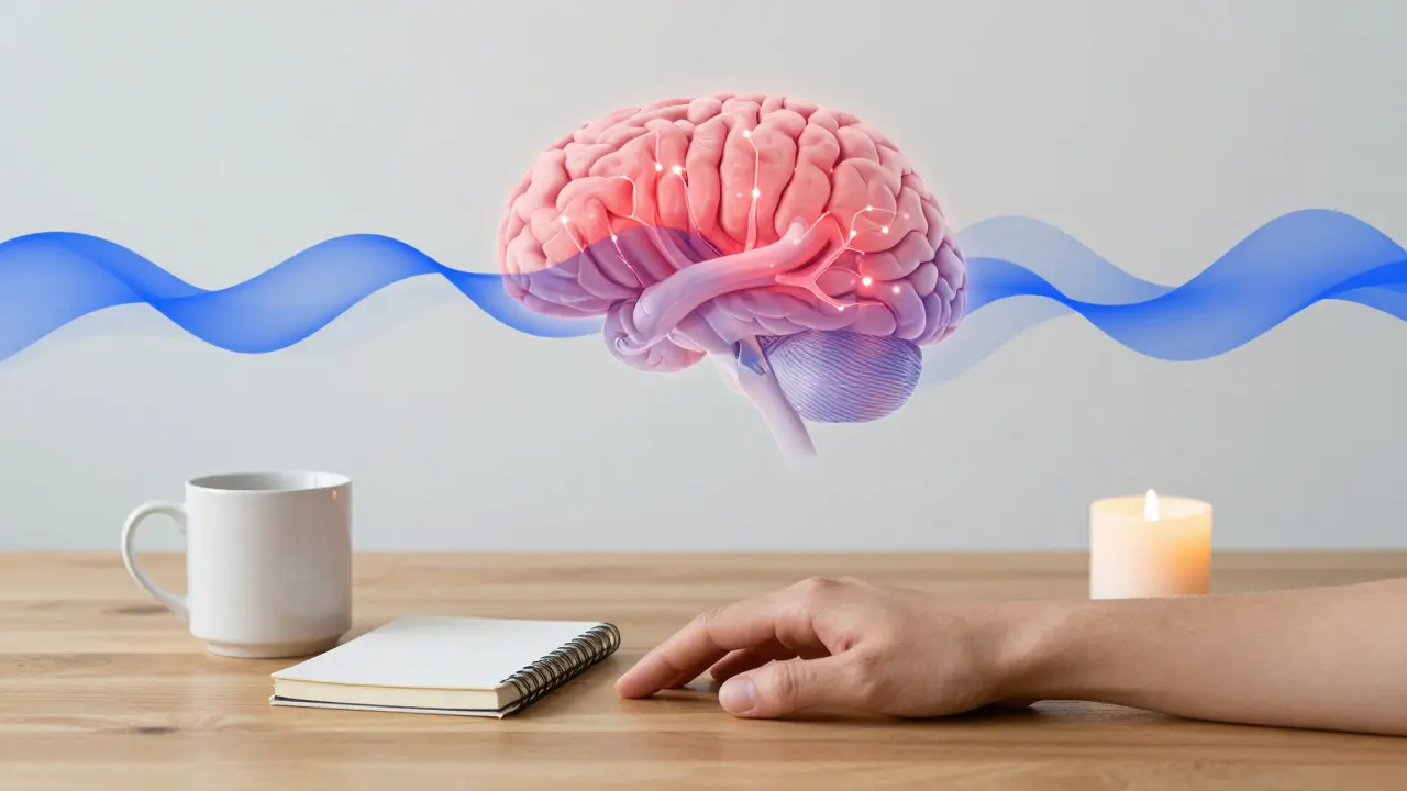 Eine ruhige Szene mit Kaffeebecher, Notizbuch und Kerze auf einem Holztisch, symbolisch für Achtsamkeit im Alltag.