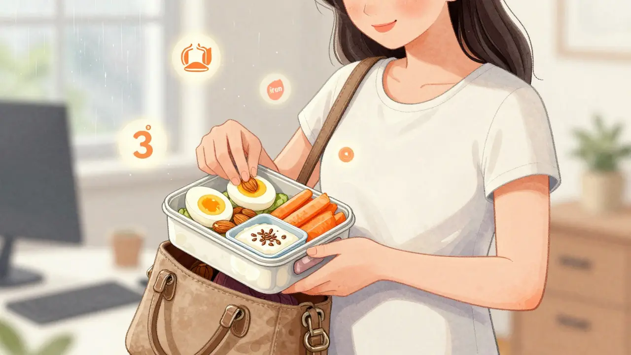 Eine schwangere Frau hält eine Bento-Dose mit Ei, Mandeln, Karotten und Quark.