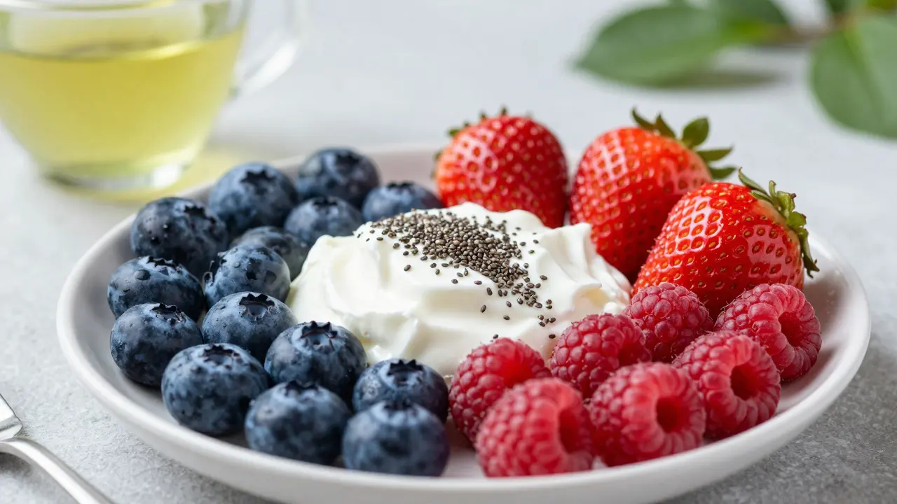Frische Beeren mit ungesüßtem Joghurt und Chiasamen, dazu grüner Tee.