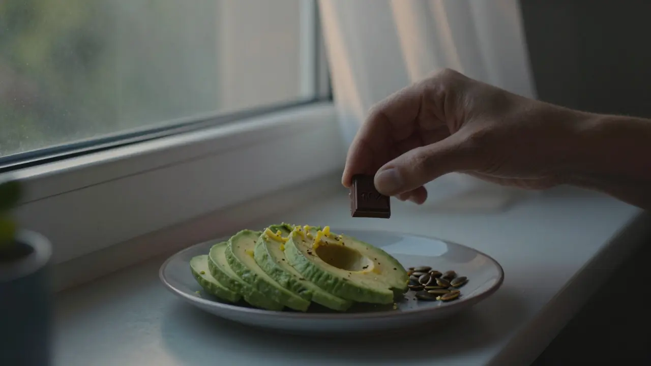 Jemand genießt dunkle Schokolade mit Avocado und Kürbiskernen am Fenster.