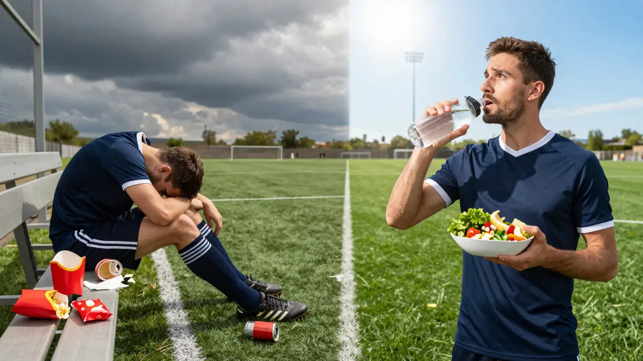 Kontrast: Ein Fußballspieler mit Fast-Food neben einem gesund ernährten Spieler unter hellem Licht.