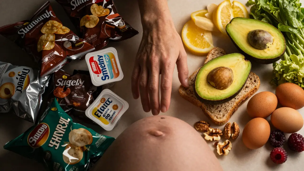 Linker Teil: ungesunde Snacks, rechter Teil: frische, nährstoffreiche Lebensmittel – eine schwangere Frau wählt die gesunde Option.