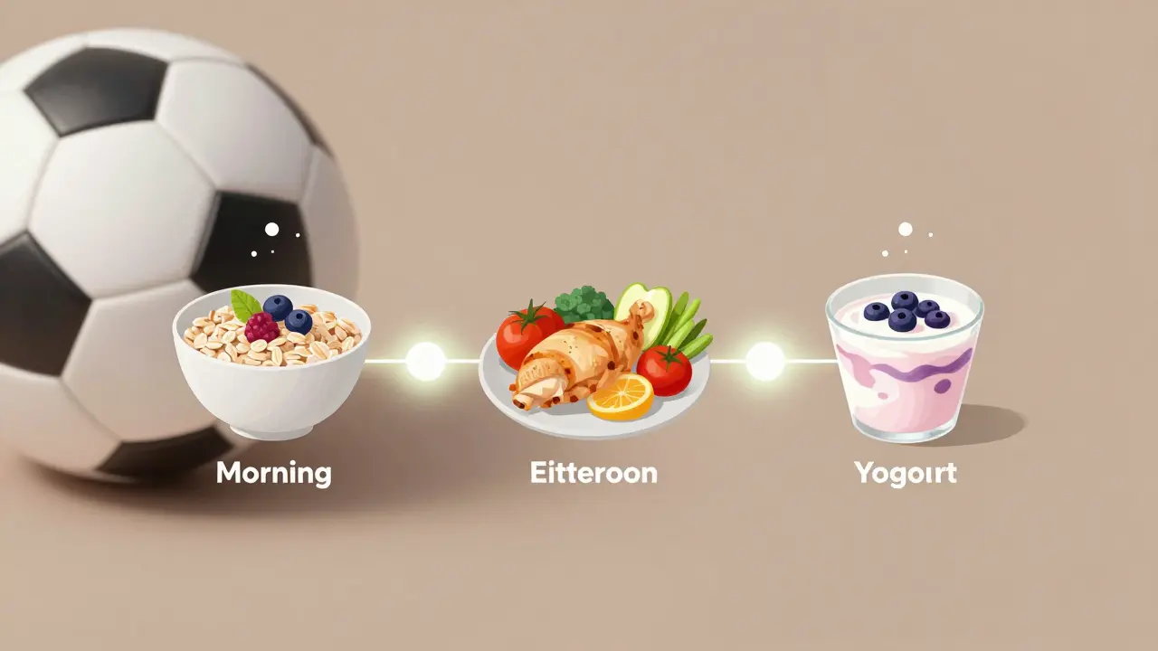 Täglicher Ernährungszyklus eines Fußballspielers mit Mahlzeiten und Flüssigkeitszufuhr in sanften Farben.