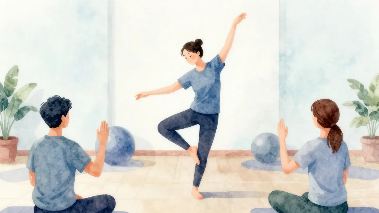 Tanztherapie-Sitzung mit sanften Bewegungen und blauen Farbtönen.