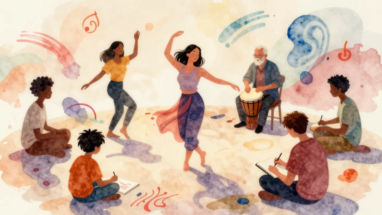 Verschiedene Menschen drücken Emotionen durch Malen, Tanzen und Schreiben aus, umgeben von farbigen Formen.