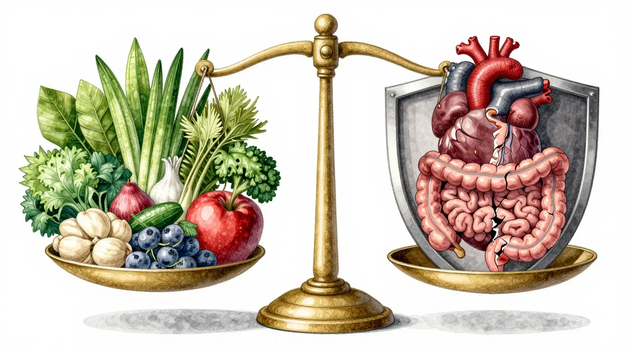 Balanced scale with healthy plant foods on one side and protected organs on the other, contrasting with inflamed gut.