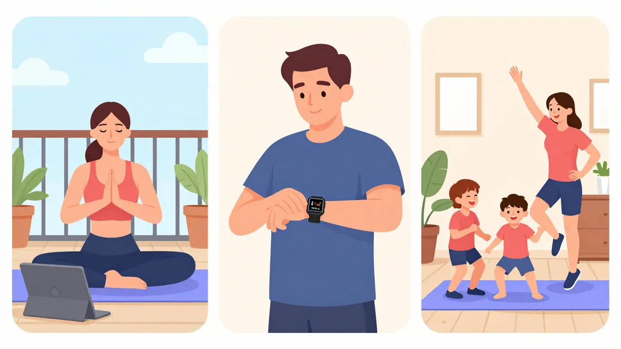 Drei verschiedene digitale Fitness-Erlebnisse: Yoga auf dem Balkon, Fitness-Tracker-Anzeige und Familien-Workout.