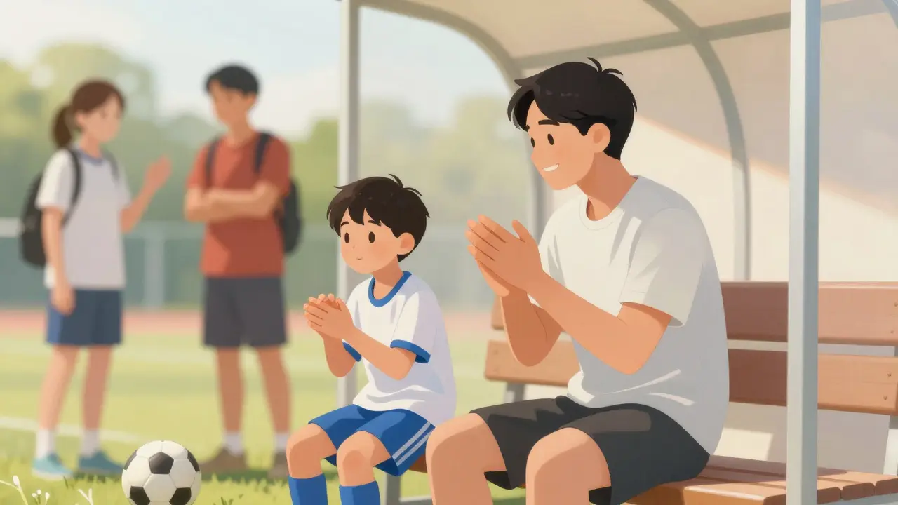 Ein Elternteil sitzt ruhig am Spielfeldrand und klatscht, während andere Eltern schreien — ein Bild der unterstützenden, nicht-drückenden Begleitung.