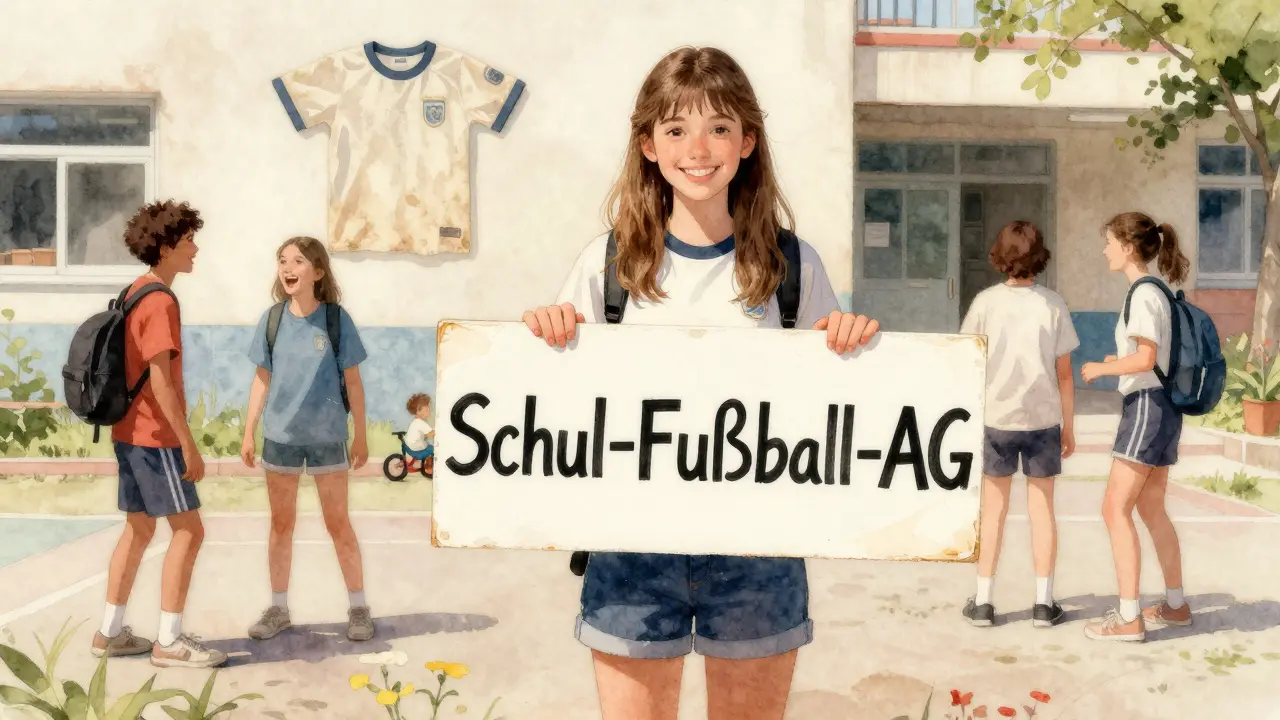 Ein Mädchen steht stolz neben einer Schul-Fußball-AG, mit einer alten Trikotjacke an der Wand — symbolisiert die Rückkehr zum Fußball aus innerer Leidenschaft.