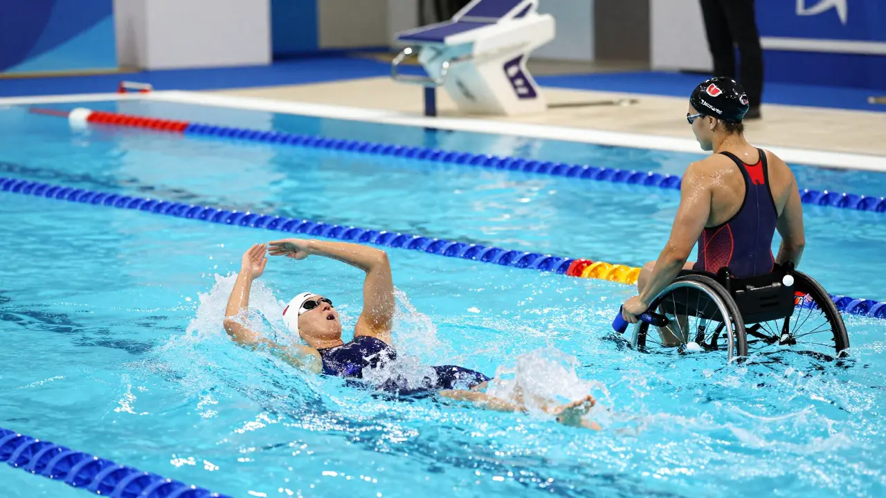 Ein paralympischer Schwimmer und eine Person mit Behinderung schwimmen nebeneinander in einem barrierefreien Schwimmbad.