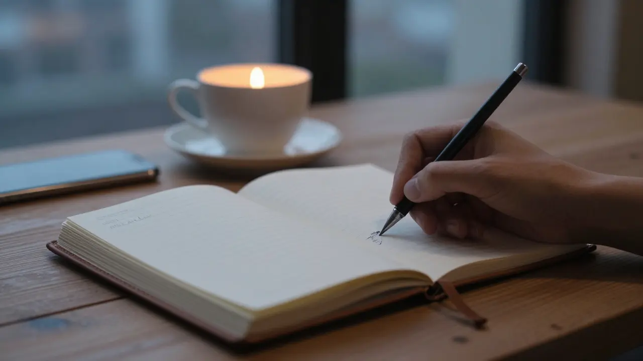 Hand writing in a journal at night, phone turned off beside a candle and empty cup.