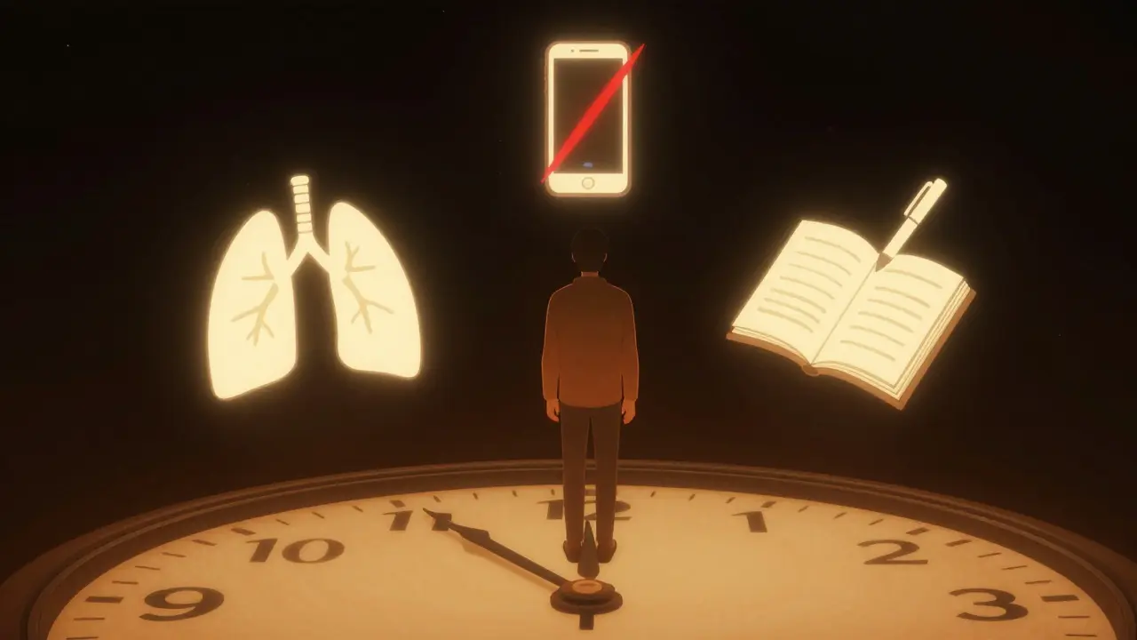 Human figure at the center of a frozen clock, surrounded by symbols of breath, digital detox, and journaling.