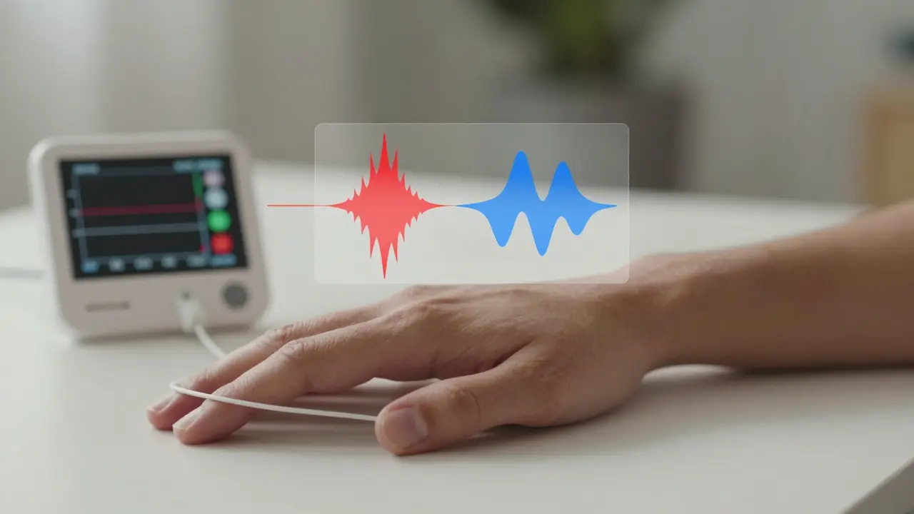 Nahaufnahme einer Hand mit Sensor, die die Veränderung der Hautleitfähigkeit durch tiefe Atmung in Echtzeit zeigt.