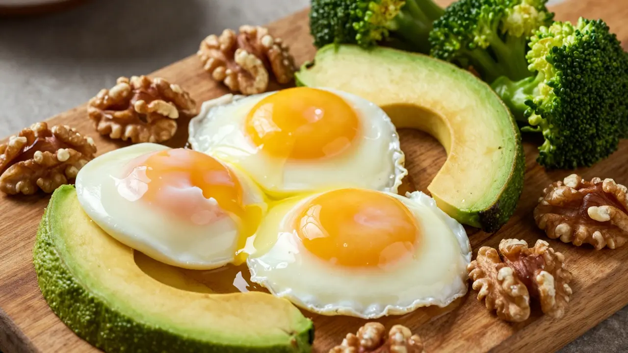 Nahaufnahme gesundes Athletenfrühstück mit Ei, Avocado und Walnüssen