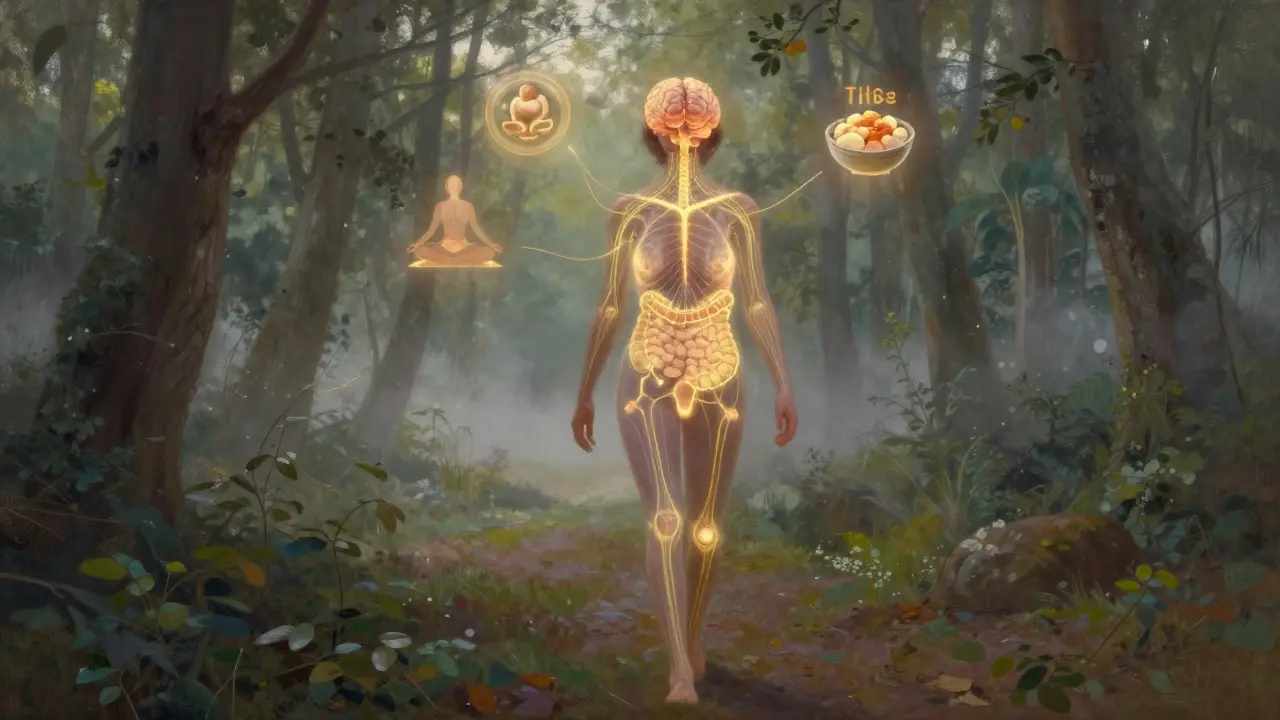 Person walking in a forest with glowing connections between gut and brain, symbolizing the gut-brain axis.