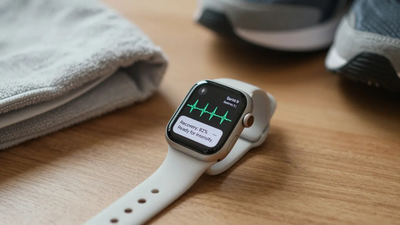 Smartwatch zeigt eine EKG-Messung und einen Recovery-Wert von 82% an, neben einer Handtuch und Sportschuhen.