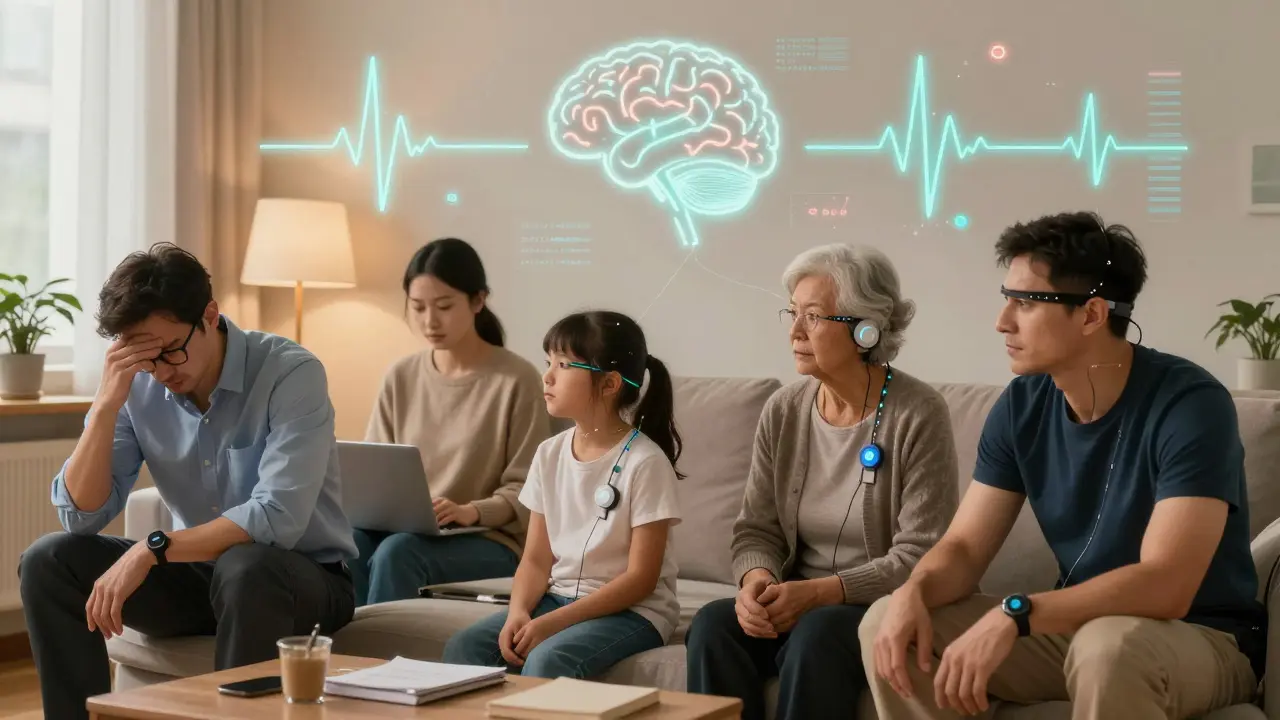 Verschiedene Menschen in Alltagssituationen, die Biofeedback nutzen, mit abstrakten Visualisierungen ihrer Körperfunktionen.