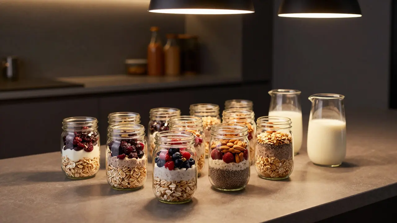 Vorgefertigte Overnight-Oats in Gläsern zur Meal Preparation für Kraftsport