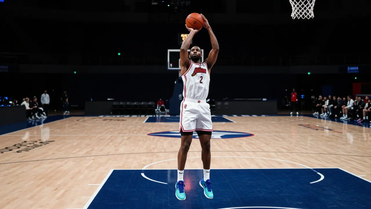 Basketballspieler beim dynamischen Sprungwurf auf einem glänzenden Parkettboden