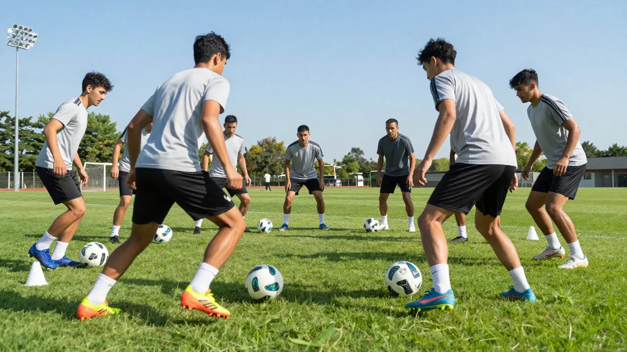 Dynamisches Fußballtraining mit Spielern in einem Rondo-Kreis auf grünem Rasen.