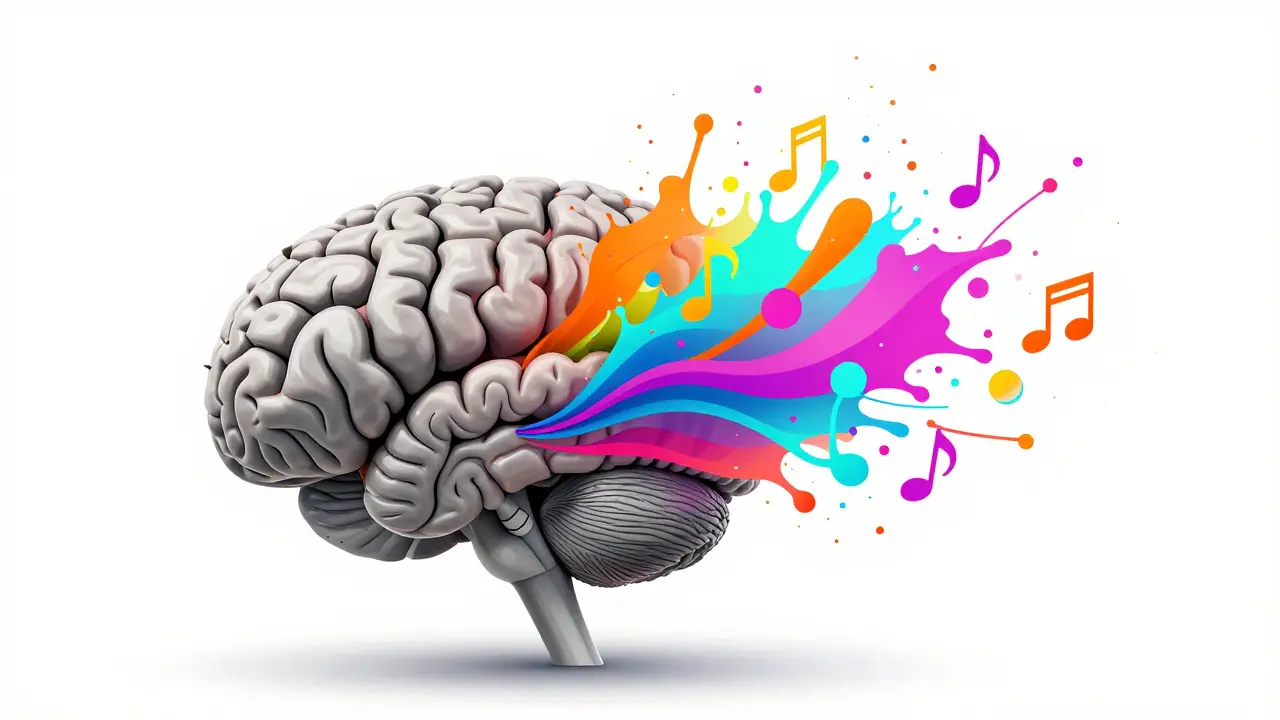 Ein Gehirn, das sich in eine farbenfrohe Explosion aus Kunst und Musik verwandelt