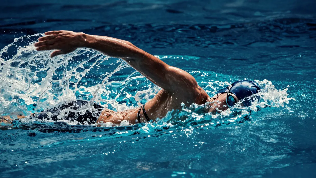 Ein Schwimmer in perfekter Kraultechnik mit dynamischen Wasserwirbeln