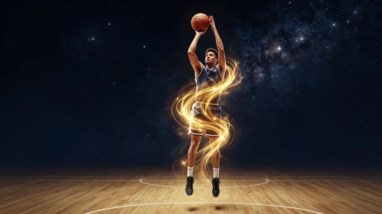 Ein Spieler im Flow-Zustand, dargestellt durch goldene Energieströme bei einem Wurf.