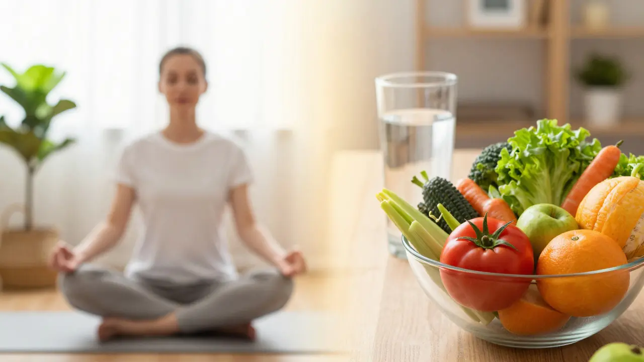 Eine Kombination aus Meditation und gesunder Ernährung als Symbol für ganzheitliche Gesundheit.