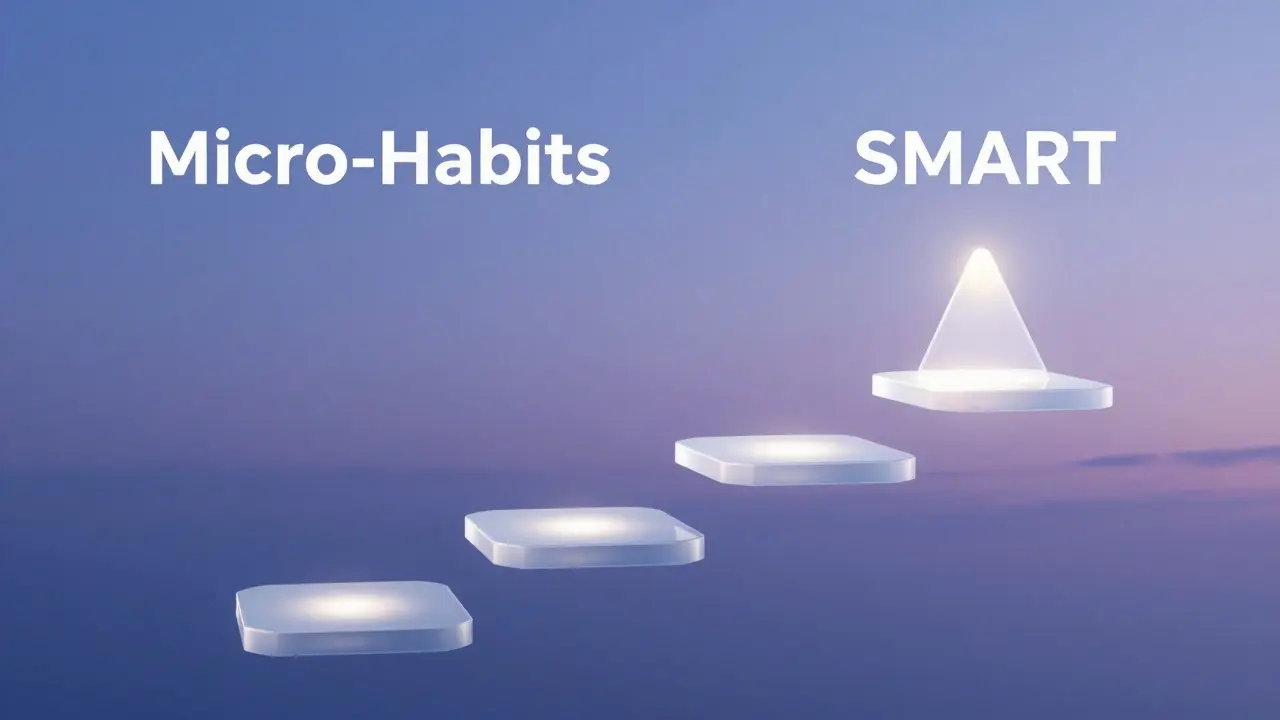 Eine Reihe leuchtender Steine, die den Weg kleiner Gewohnheiten zu einem großen Wellness-Ziel darstellen.