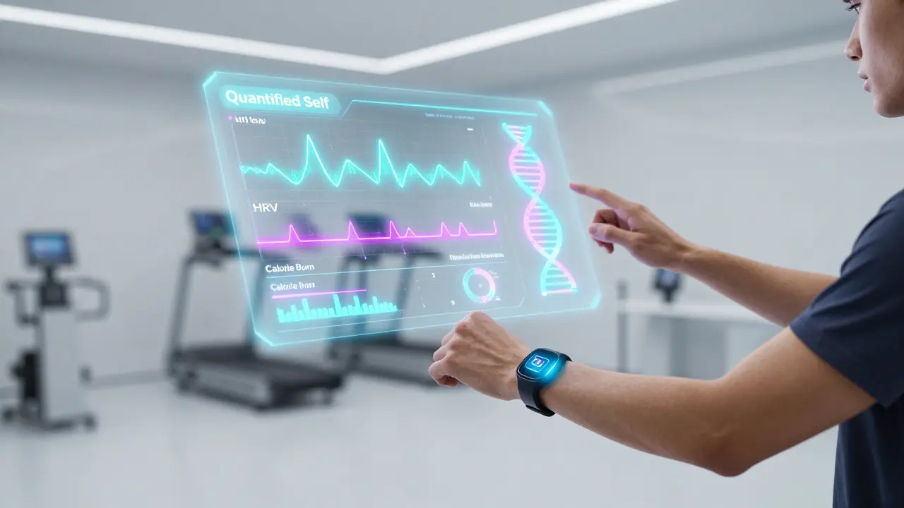 Futuristisches Training mit holografischen Biometrie-Daten und Wearables.