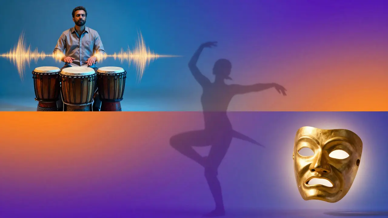Kombination aus Trommeln, einer tanzenden Silhouette und einer Theatermaske