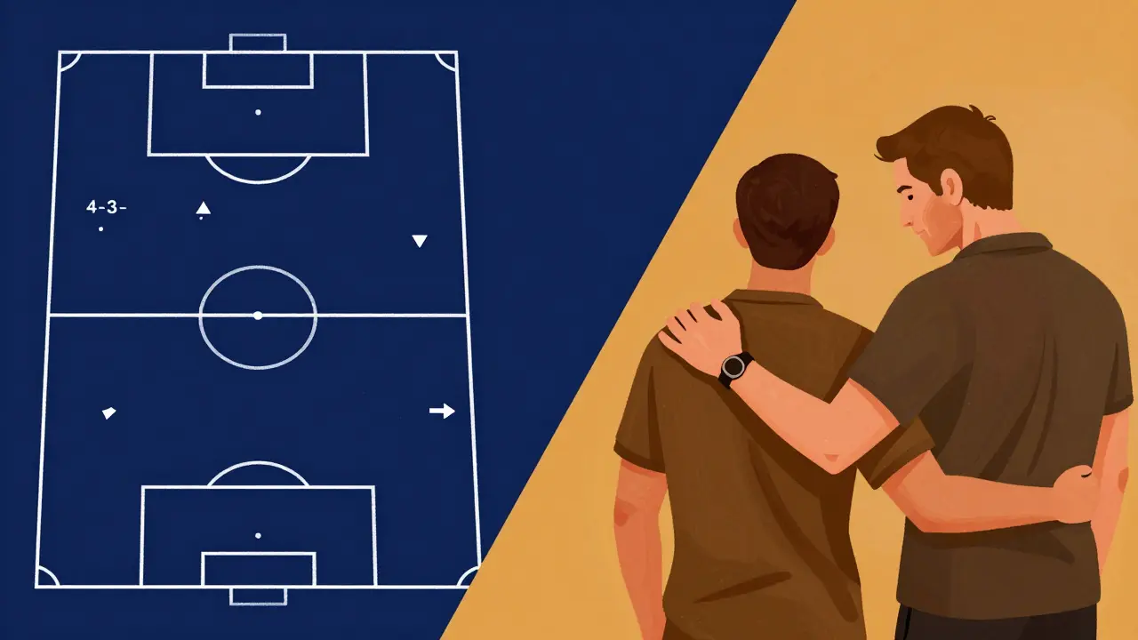 Konzeptbild: Gegenüberstellung von taktischen Spielplänen und menschlicher Mentorenschaft.