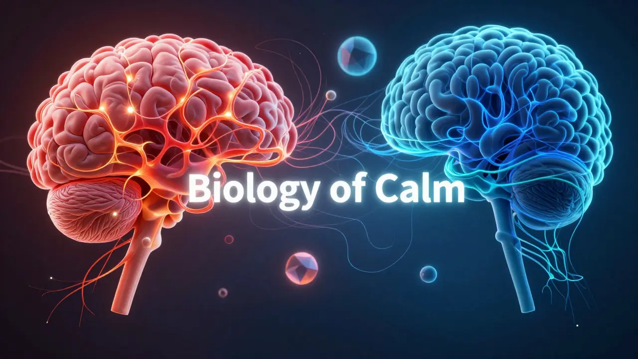 Konzeptuelle Darstellung des Wechsels von Stress zu innerer Ruhe im Gehirn.