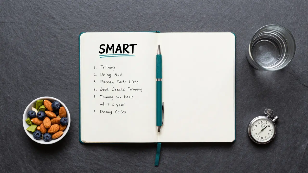 Trainingstagebuch, Stoppuhr und gesunde Snacks in einer organisierten Ansicht von oben.