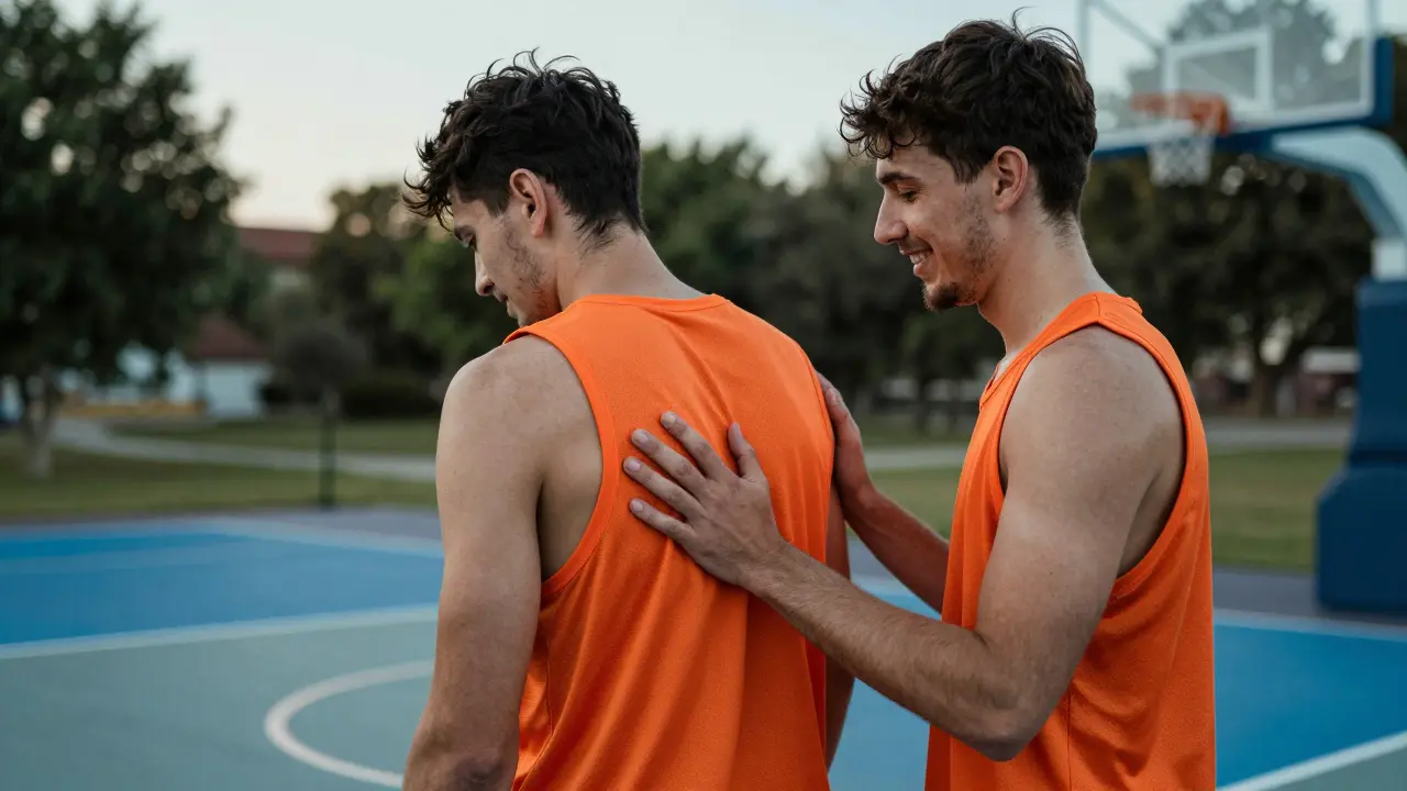 Zwei Basketballspieler in einem Moment der gegenseitigen Unterstützung und Teamkohäsion.