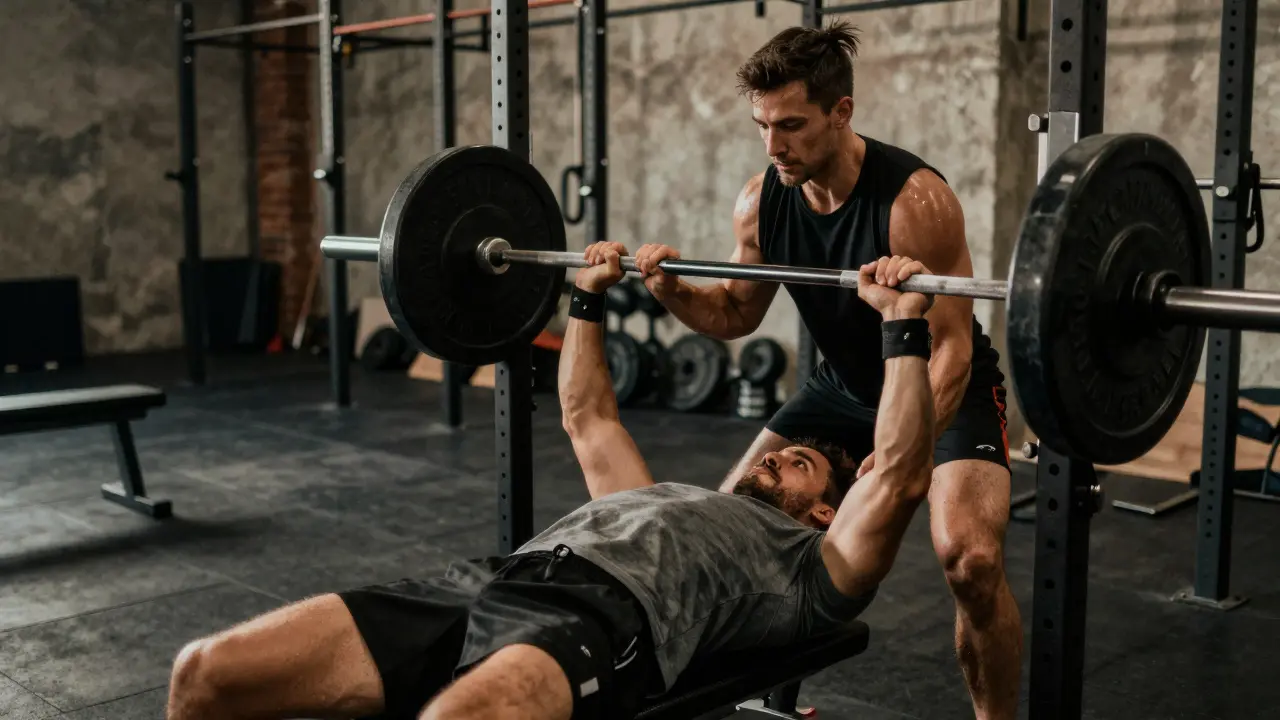 Zwei Trainingspartner unterstützen sich gegenseitig bei einer schweren Bankdrück-Übung im Gym.