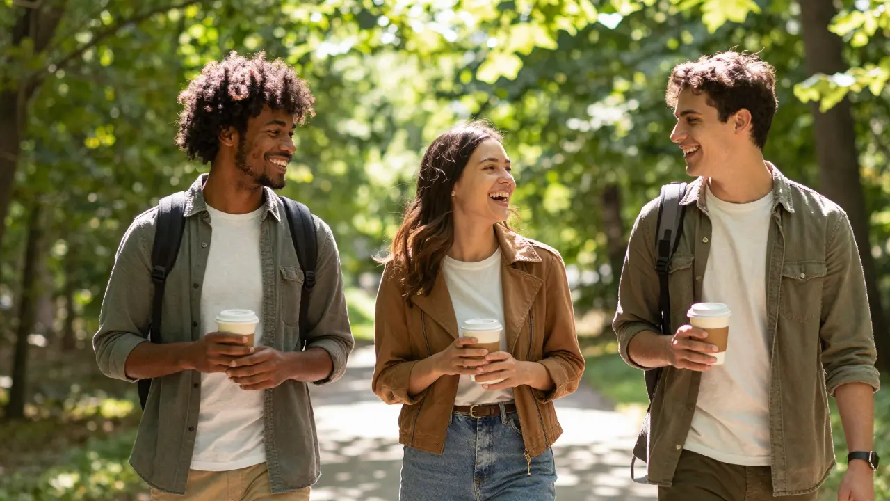 Freunde lachen beim gemeinsamen Spaziergang im sonnigen Wald