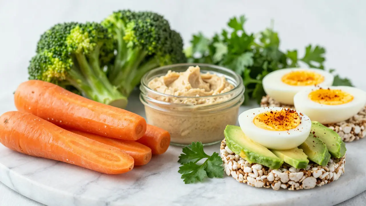 Gesunde Snacks wie Hummus, Karotten und Eier auf Marmor
