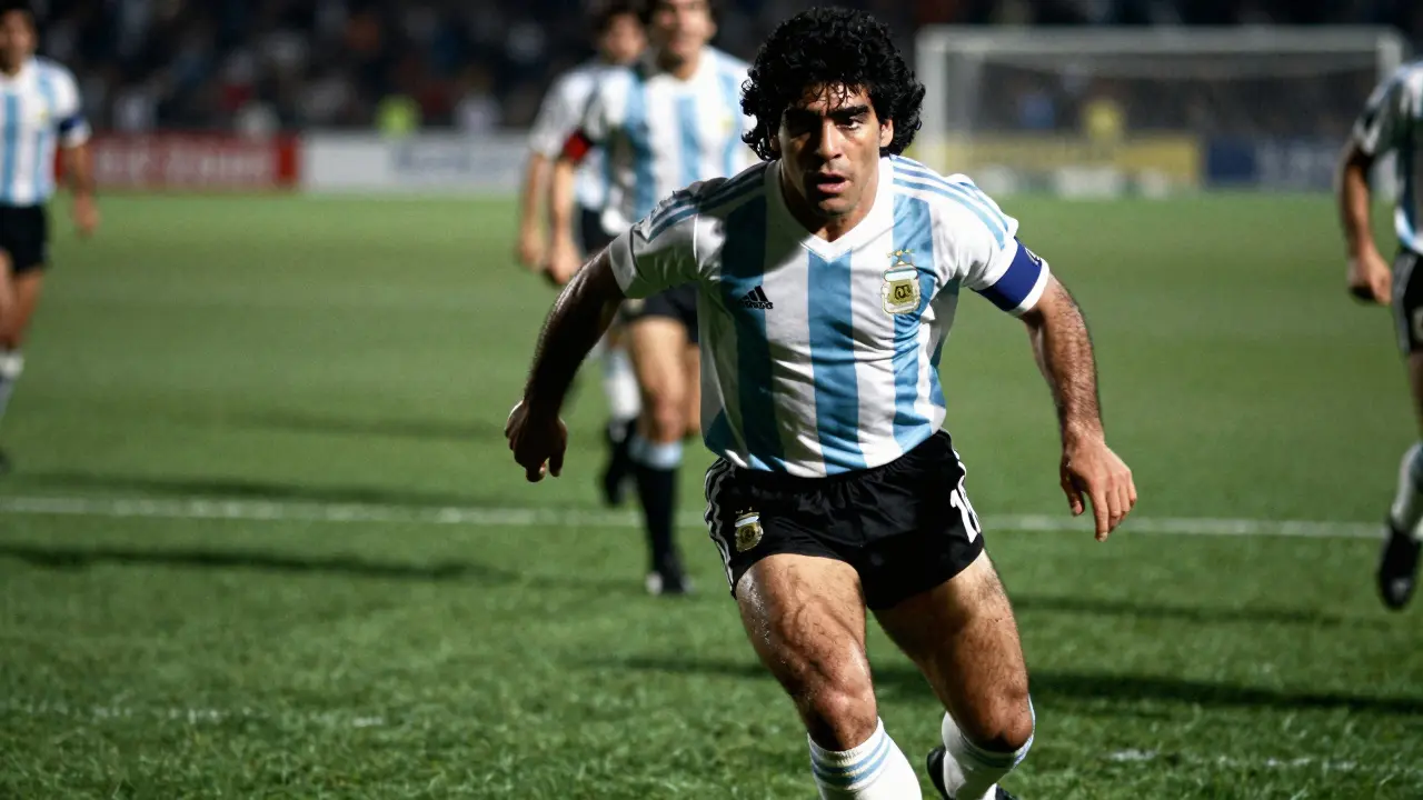 Maradona dribbelt mit intensiver Energie und Fokus durch die Abwehr