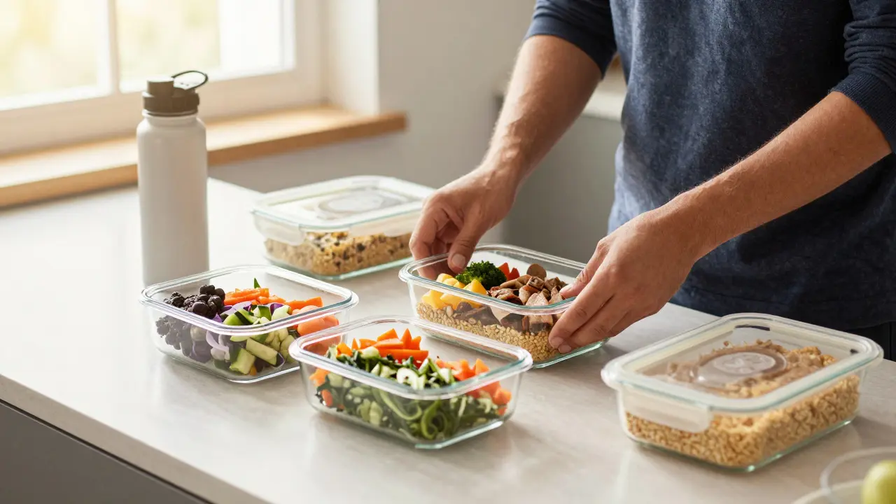 Meal Prep: Vorbereitete gesunde Mahlzeiten in Behältern auf der Küche