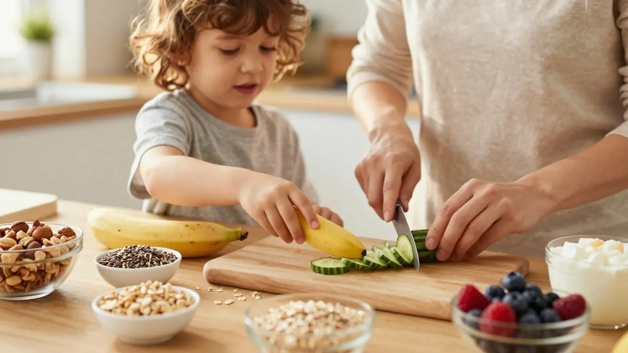 Mutter und Kind bereiten gesunde Snacks zusammen zu