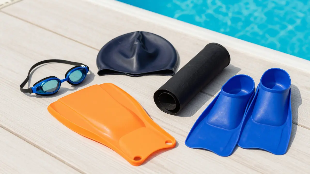 Schwimmbrille, Kappe und Flossen auf der Poolkante