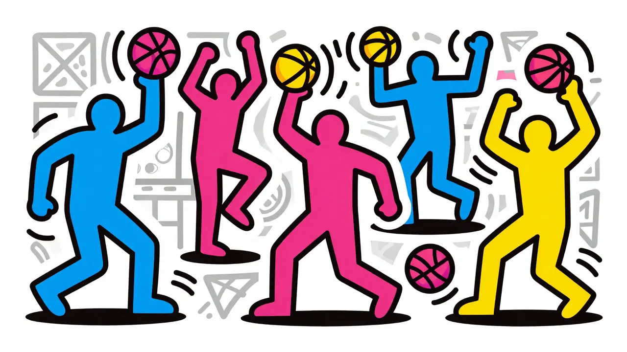 Abstrakte Figuren im Stil von Keith Haring spielen Basketball