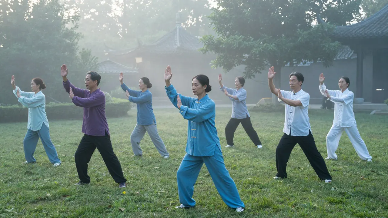 Gruppe von Senioren übt Tai Chi im Garten