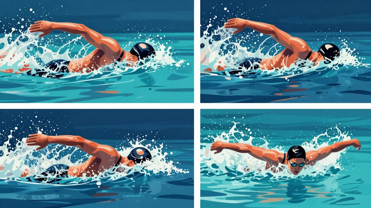 Illustration der vier Schwimmstile: Kraul, Rücken, Brust, Schmetterling